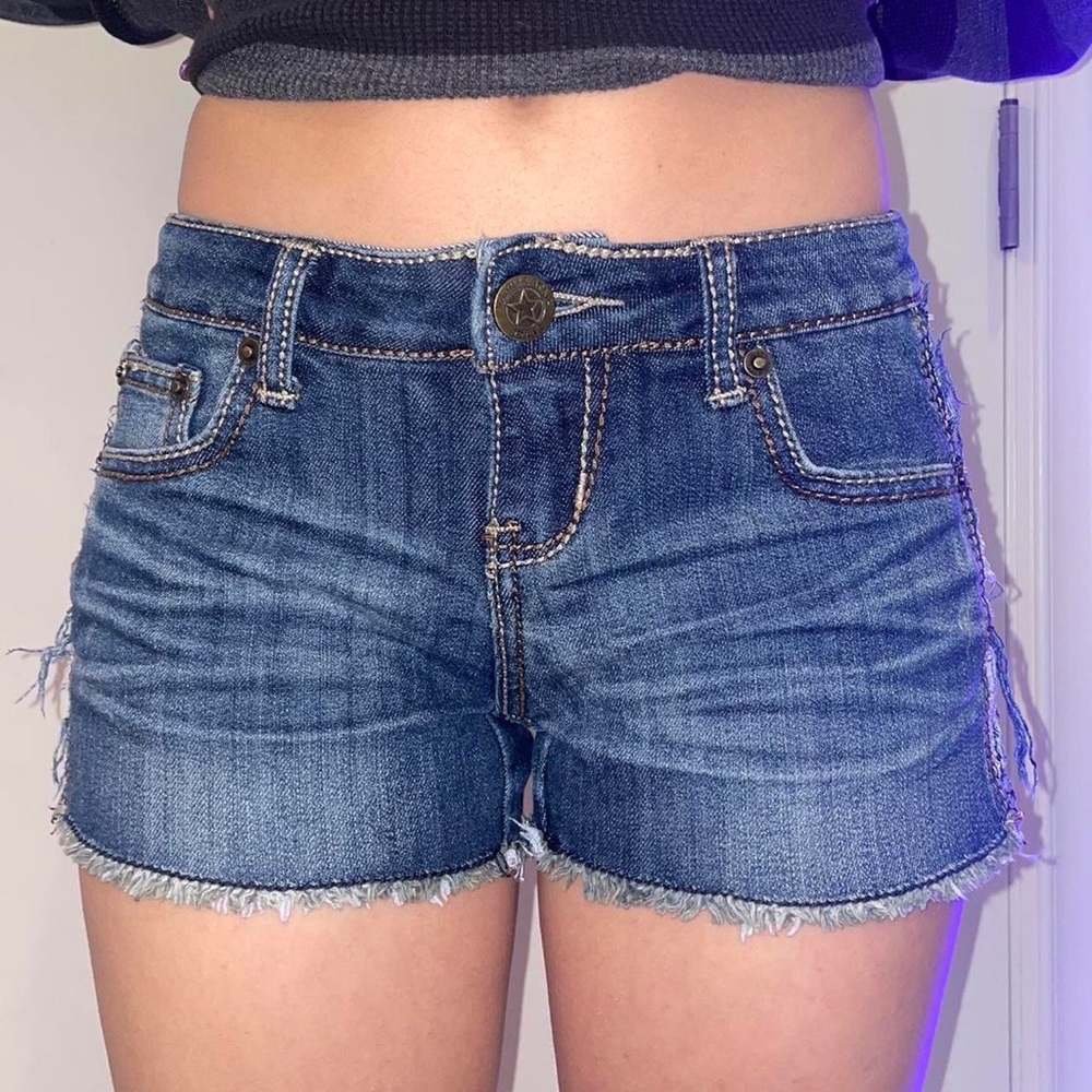 Vanilla Star dark washed shorts with gold sequence accents on the side